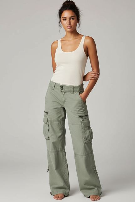 Pantalon Cargo Kaki Ample Multi-Poches Décontracté Femme - Toile