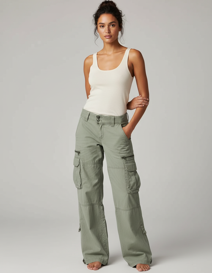 Pantalon Cargo Kaki Ample Multi-Poches Décontracté Femme - Toile