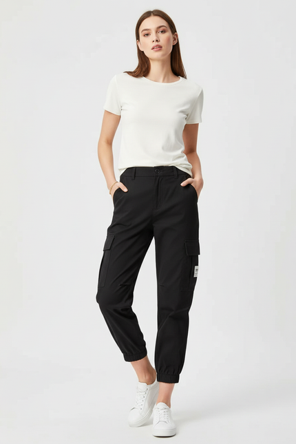 Pantalon Cargo Noir Taille Haute Jogger Femme - Polyester
