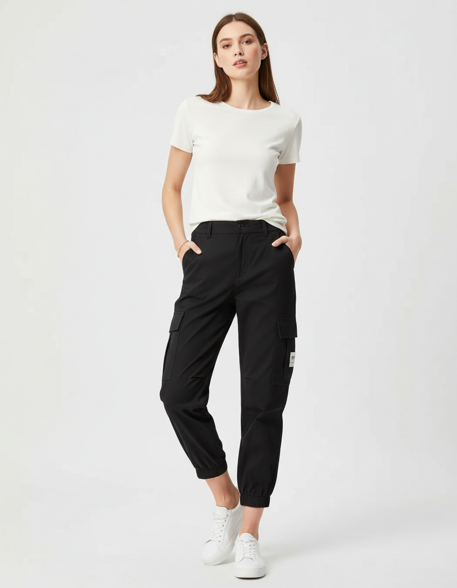 Pantalon Cargo Noir Taille Haute Jogger Femme - Polyester