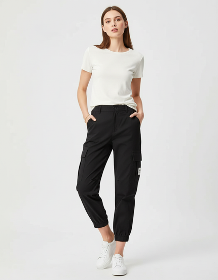 Pantalon Cargo Noir Taille Haute Jogger Femme - Polyester