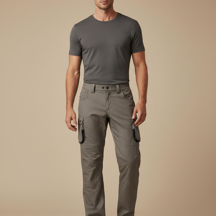 Pantalon Cargo Gris Homme Coupe Droite Multipoches Coton - Gabardine
