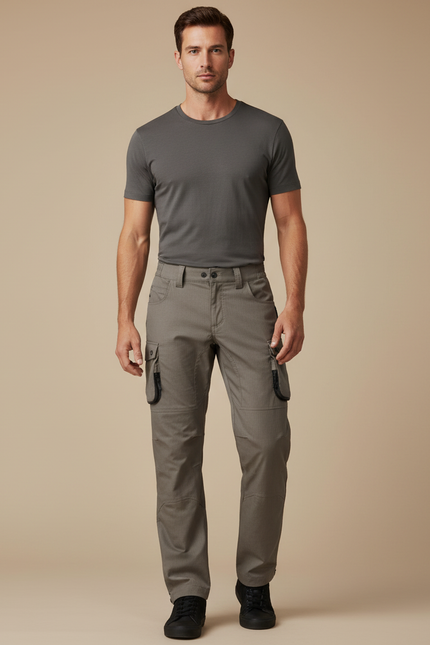 Pantalon Cargo Gris Homme Coupe Droite Multipoches Coton - Gabardine