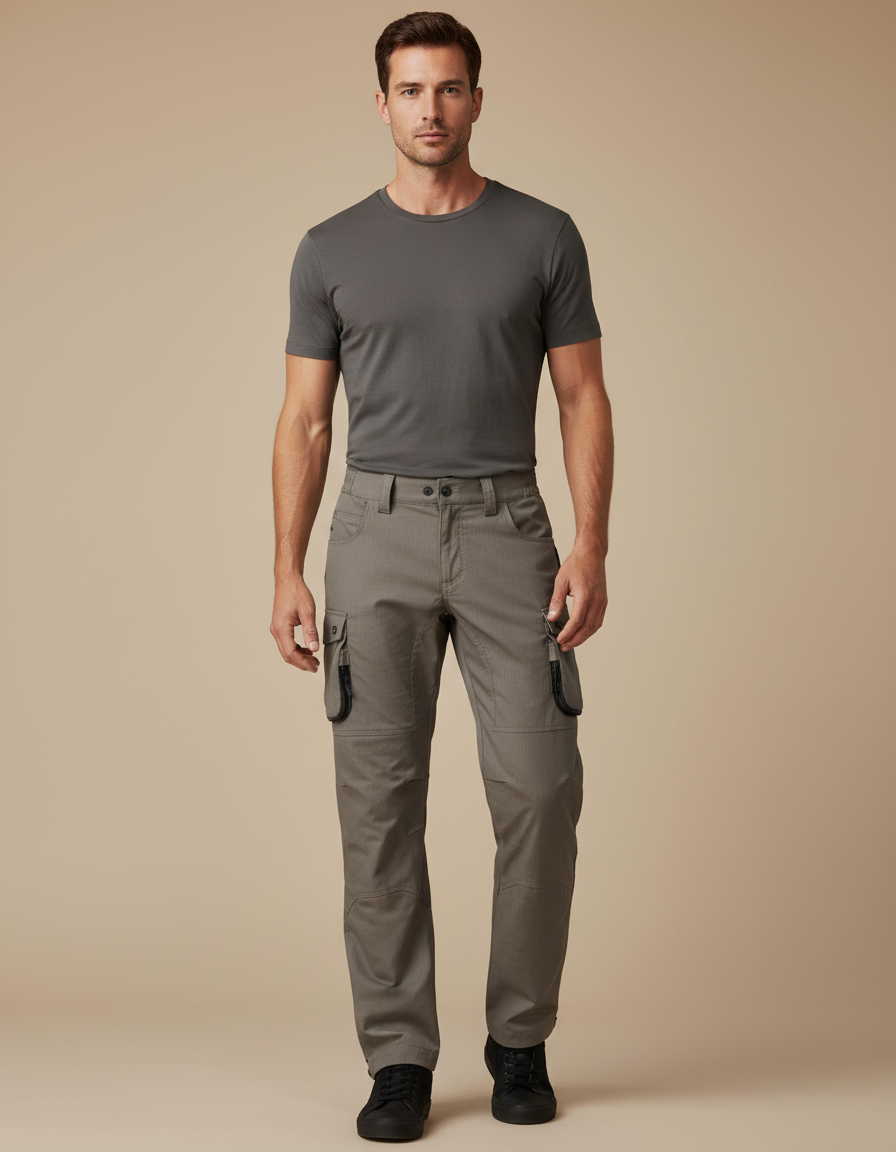 Pantalon Cargo Gris Homme Coupe Droite Multipoches Coton - Gabardine