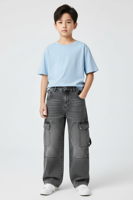 Pantalon Cargo Jean Gris Ample Multipoches Enfant