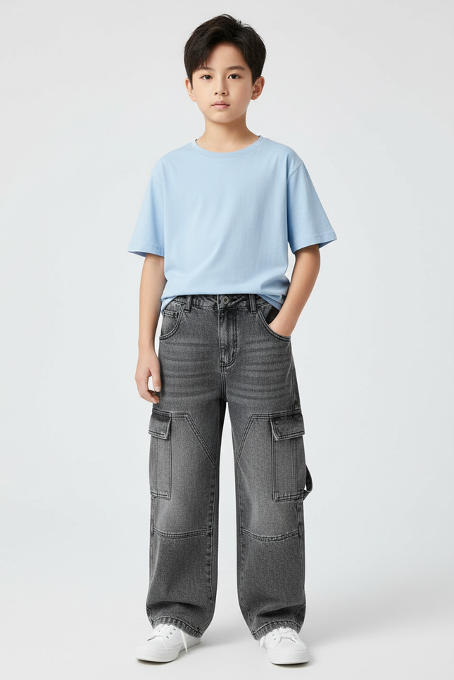 Pantalon Cargo Jean Gris Ample Multipoches Enfant