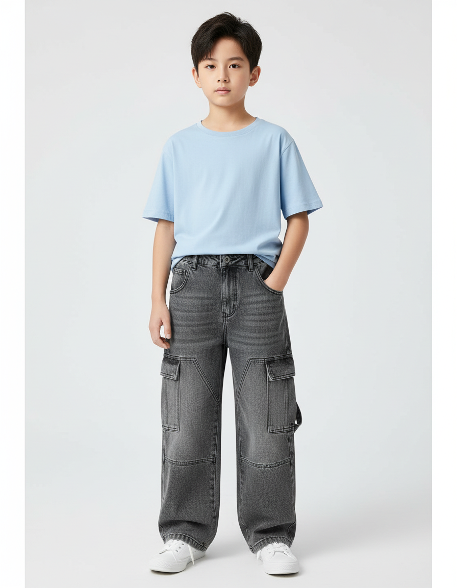 Pantalon Cargo Jean Gris Ample Multipoches Enfant