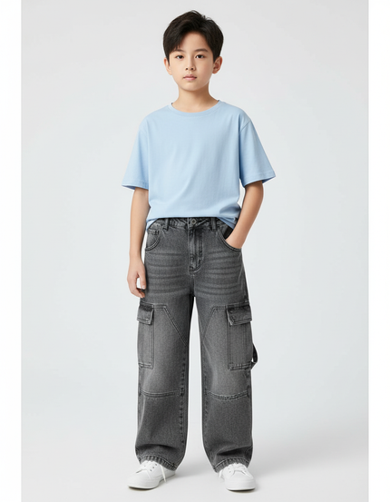 Pantalon Cargo Jean Gris Ample Multipoches Enfant