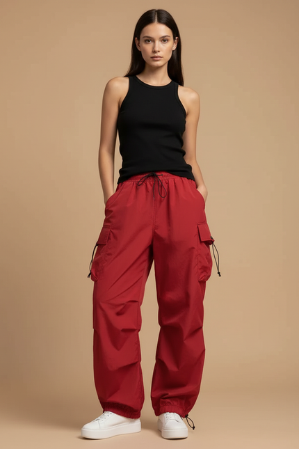 Pantalon Cargo Rouge Ample Fluide Taille Haute Femme - Polyester