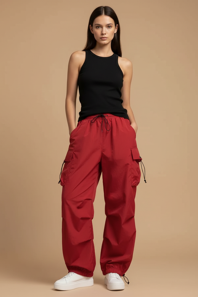 Pantalon Cargo Rouge Ample Fluide Taille Haute Femme - Polyester