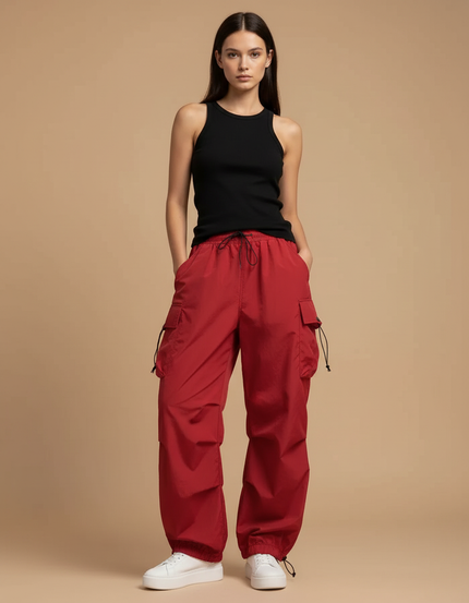 Pantalon Cargo Rouge Ample Fluide Taille Haute Femme - Polyester
