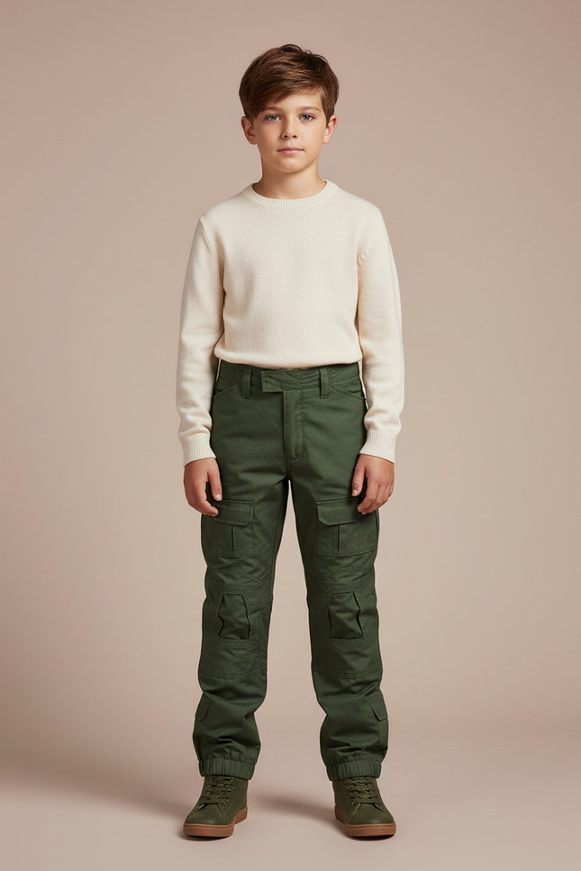 Pantalon Cargo Vert Militaire Enfant Coton Tactique Multi-Poches - Toile