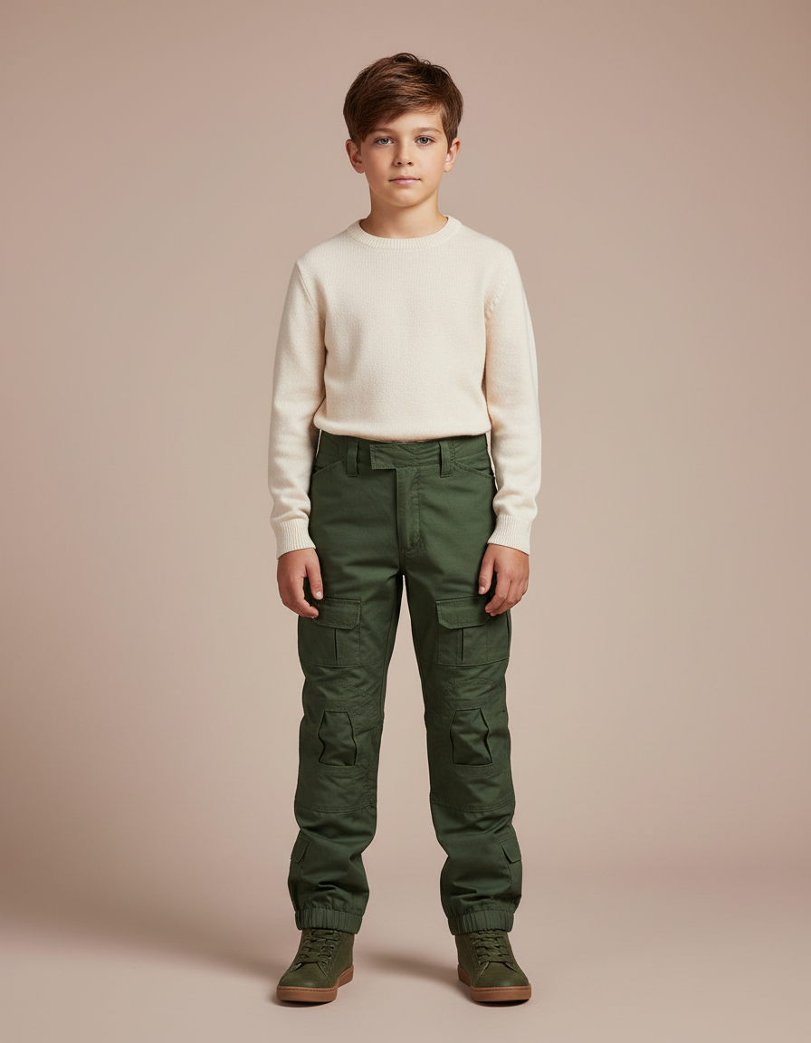 Pantalon Cargo Vert Militaire Enfant Coton Tactique Multi-Poches - Toile