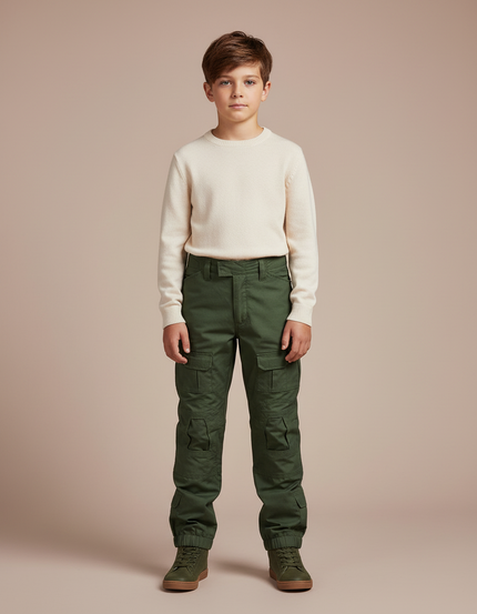 Pantalon Cargo Vert Militaire Enfant Coton Tactique Multi-Poches - Toile
