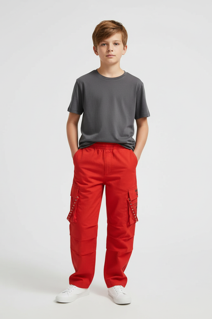 Pantalon Cargo Rouge Ample Poches Garçon Décontracté - Toile