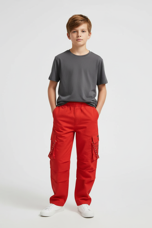 Pantalon Cargo Rouge Ample Poches Garçon Décontracté - Toile