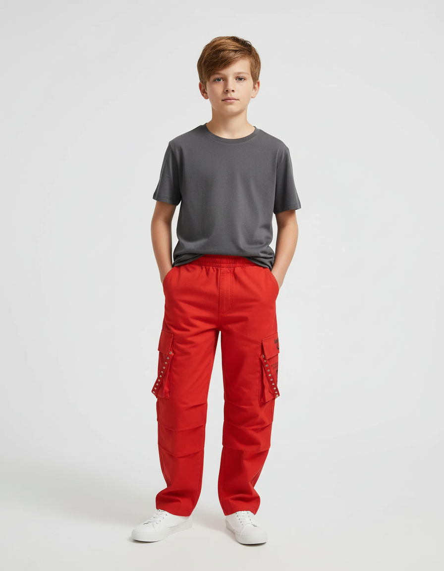 Pantalon Cargo Rouge Ample Poches Garçon Décontracté - Toile