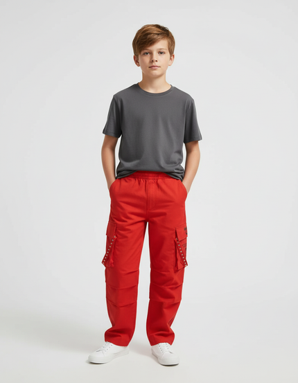Pantalon Cargo Rouge Ample Poches Garçon Décontracté - Toile
