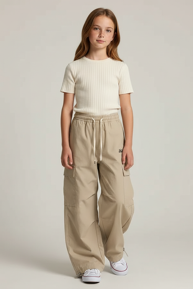 Pantalon Cargo Beige Ample Décontracté Fille Coton