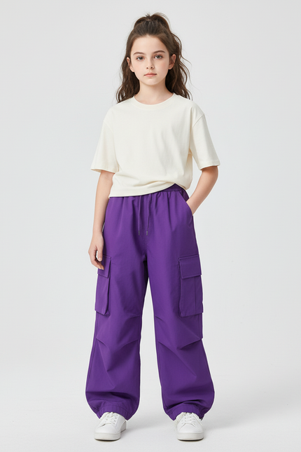 Pantalon Cargo Violet Ample Enfant Multipoches Streetwear - Polyester
