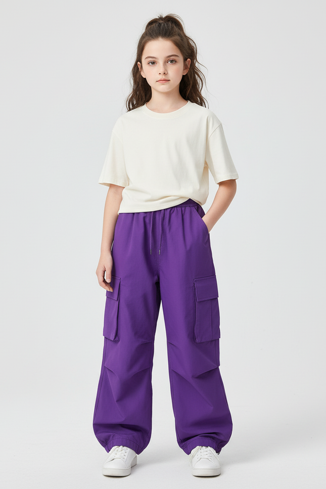 Pantalon Cargo Violet Ample Enfant Multipoches Streetwear - Polyester