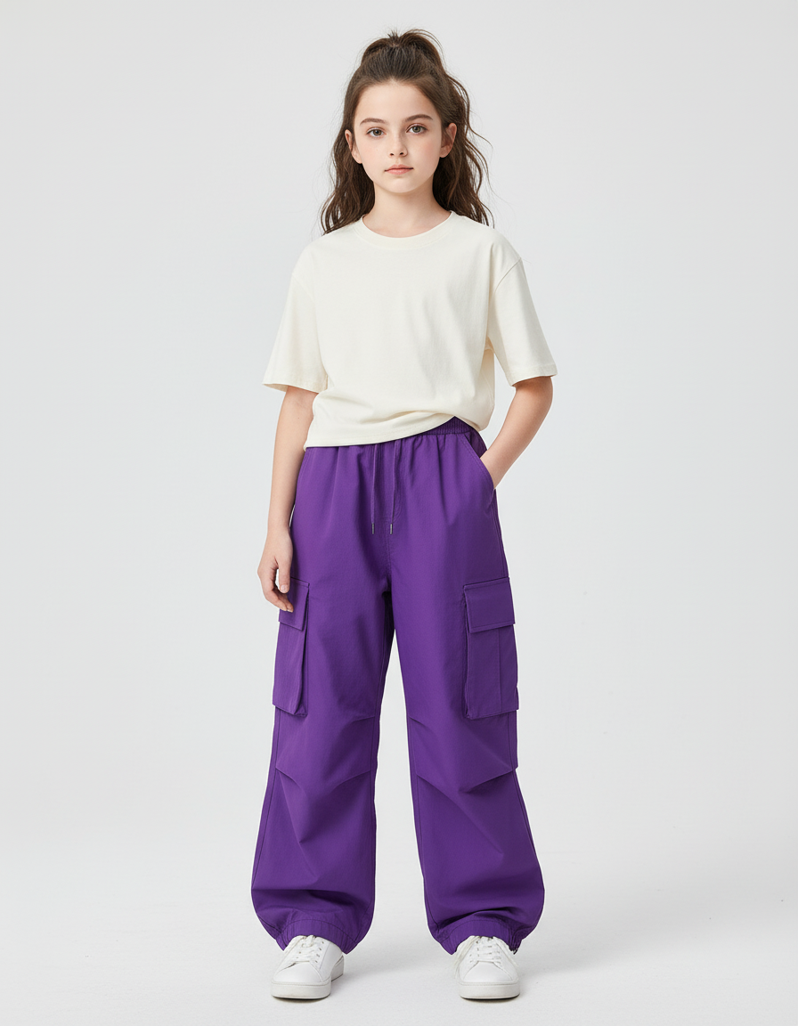 Pantalon Cargo Violet Ample Enfant Multipoches Streetwear - Polyester
