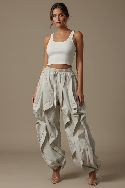 Pantalon Cargo Beige Plissé Ample Femme - Polyester