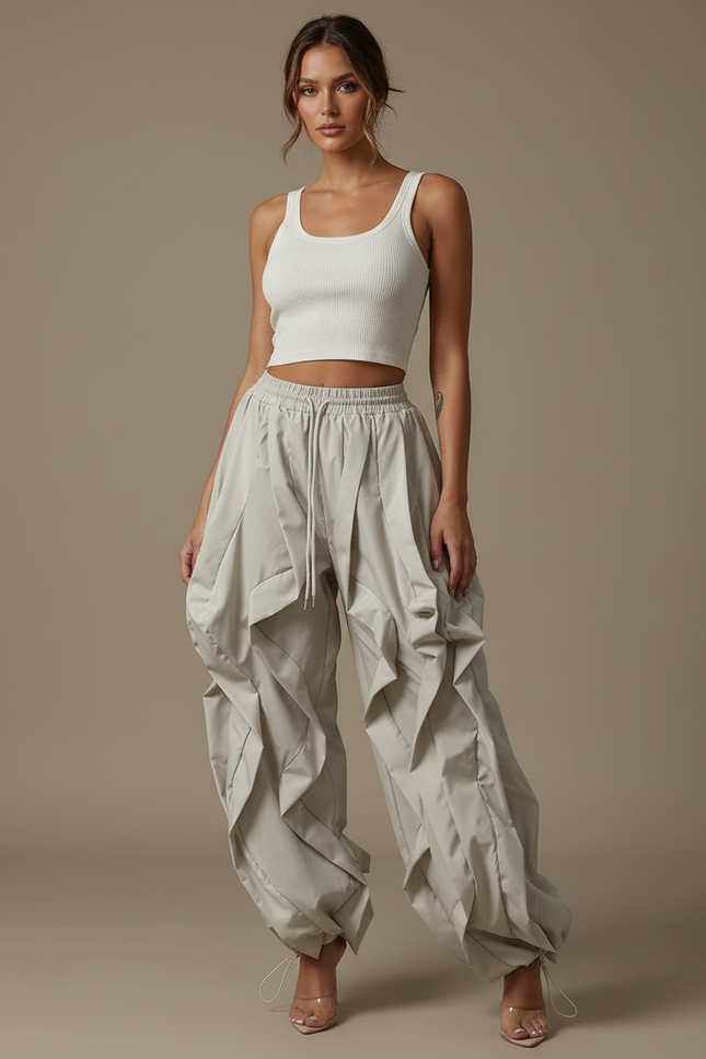 Pantalon Cargo Beige Plissé Ample Femme - Polyester