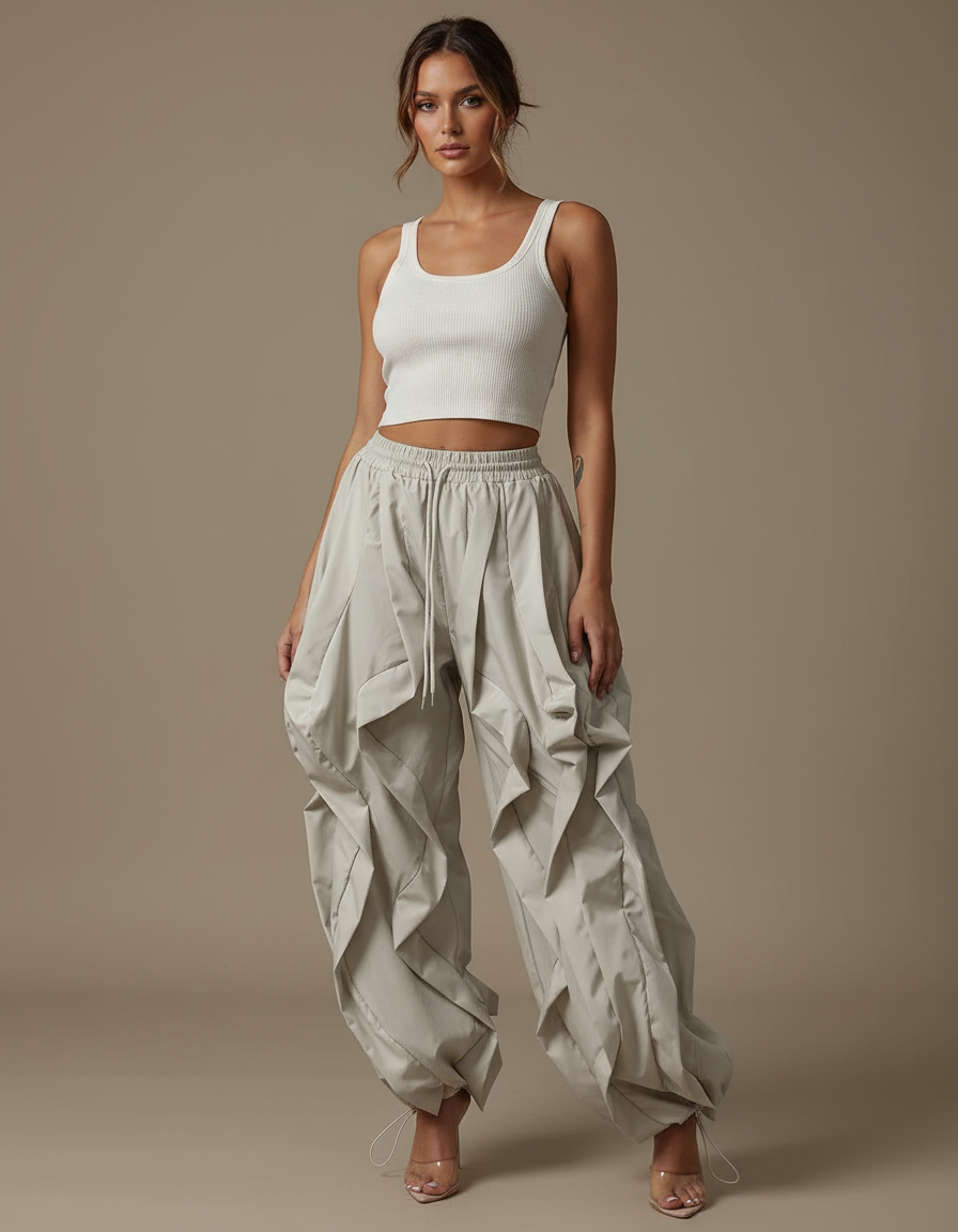 Pantalon Cargo Beige Plissé Ample Femme - Polyester