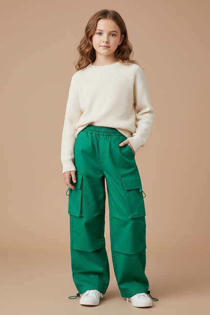 Pantalon Cargo Vert Large Multipoches Streetwear Enfant - Toile