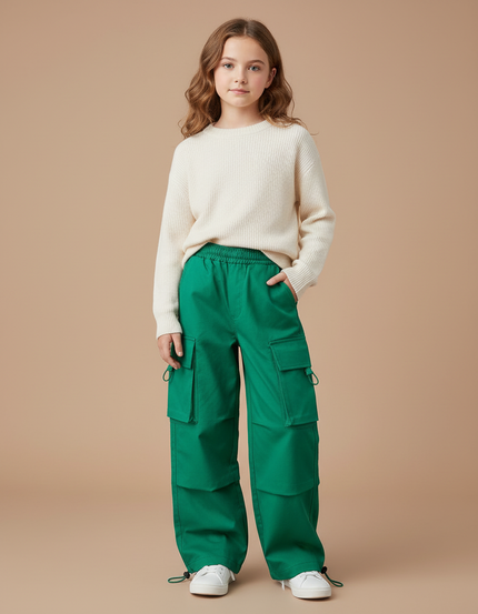 Pantalon Cargo Vert Large Multipoches Streetwear Enfant - Toile