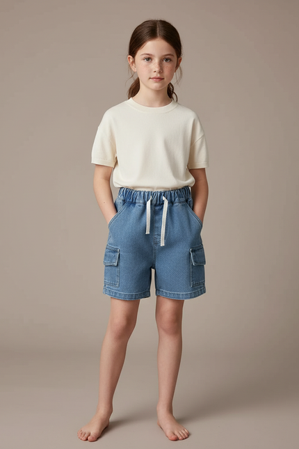 Pantalon Cargo Bleu Denim Shorts Décontracté Enfant - Jean