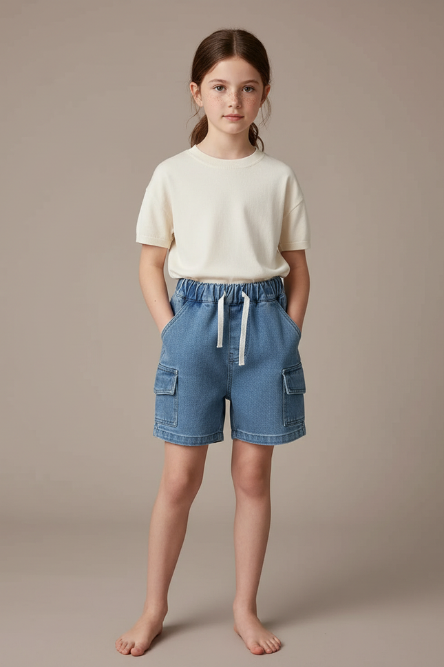 Pantalon Cargo Bleu Denim Shorts Décontracté Enfant - Jean