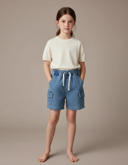 Pantalon Cargo Bleu Denim Shorts Décontracté Enfant - Jean