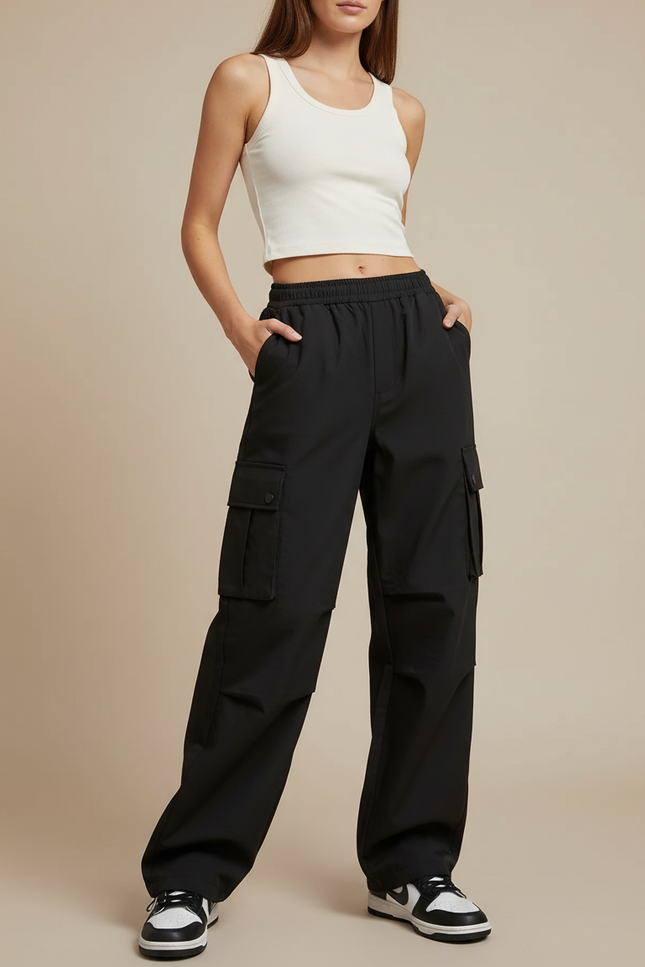 Pantalon Cargo Noir Ample Taille Haute Femme - Polyester