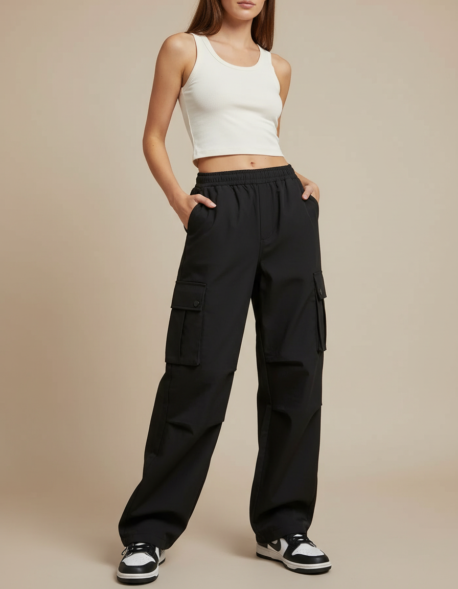 Pantalon Cargo Noir Ample Taille Haute Femme - Polyester