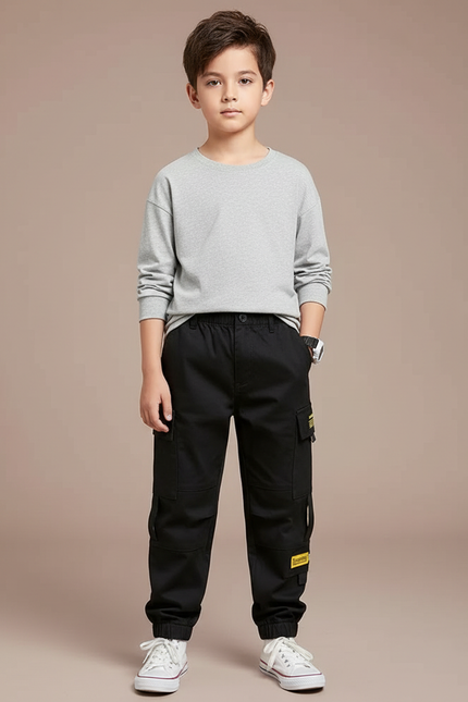Pantalon Cargo Noir Coton Ample Garçon Décontracté