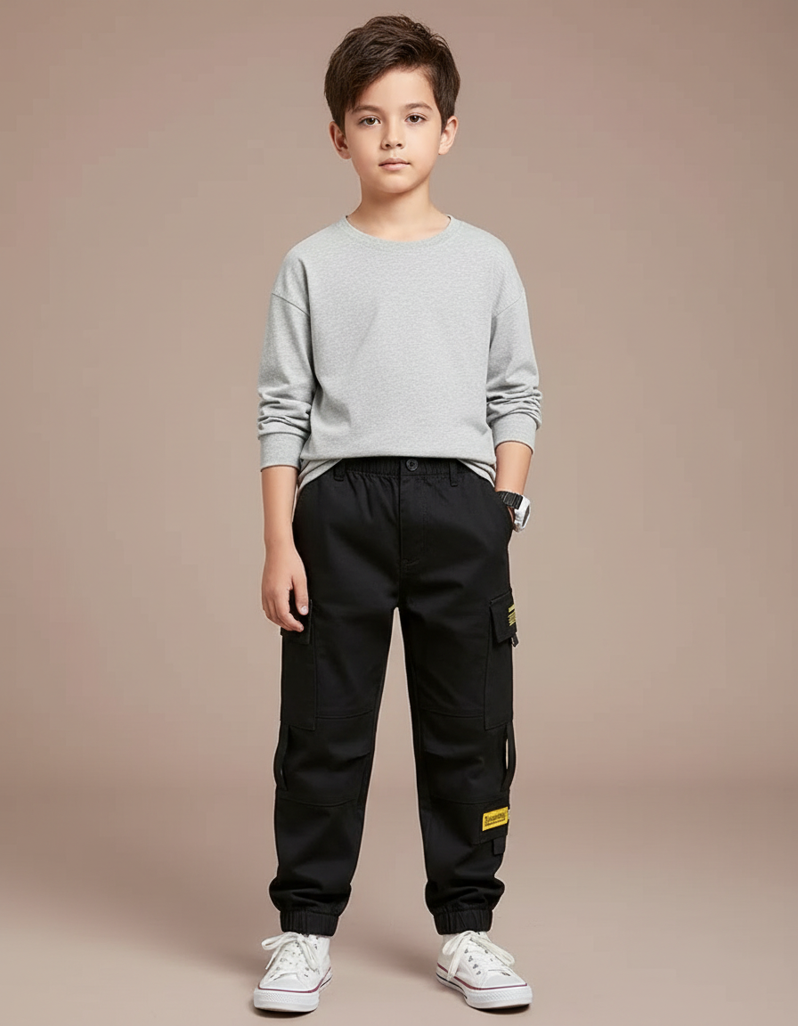 Pantalon Cargo Noir Coton Ample Garçon Décontracté