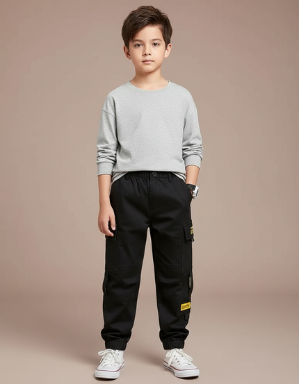 Pantalon Cargo Noir Coton Ample Garçon Décontracté