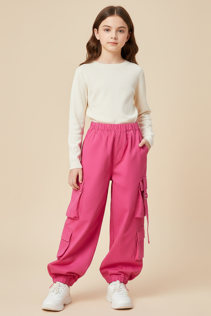 Pantalon Cargo Fuchsia Ample Poches Fille - Rose Coton