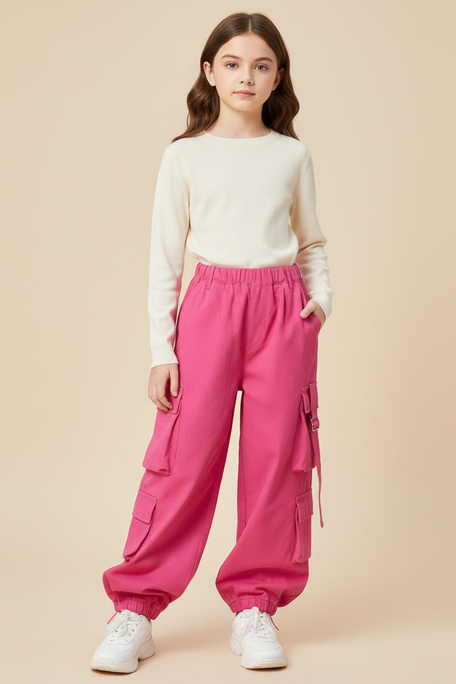 Pantalon Cargo Fuchsia Ample Poches Fille - Rose Coton