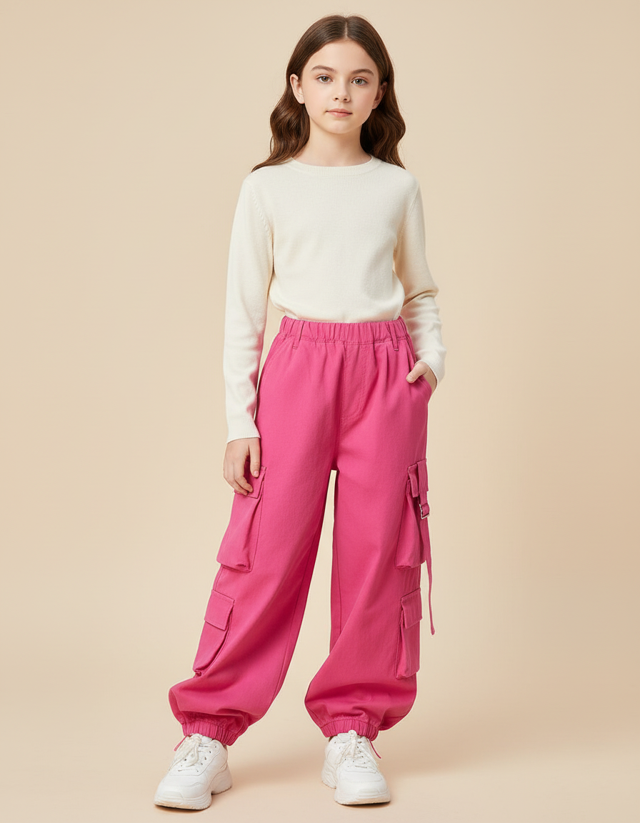 Pantalon Cargo Fuchsia Ample Poches Fille - Rose Coton