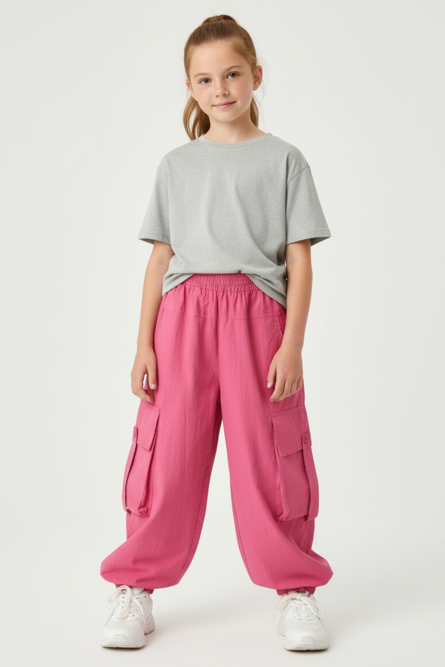 Pantalon Cargo Rose Ample Décontracté Multipoches Enfant - Lin