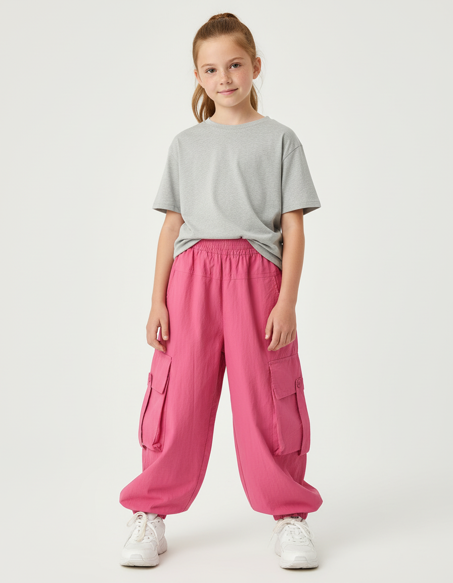 Pantalon Cargo Rose Ample Décontracté Multipoches Enfant - Lin