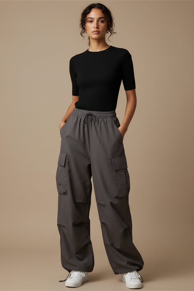 Pantalon Cargo Gris Ample Décontracté Cordon Femme - Polyester