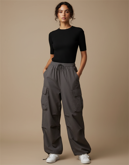Pantalon Cargo Gris Ample Décontracté Cordon Femme - Polyester