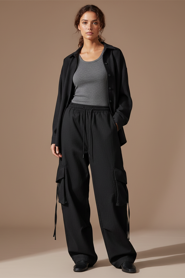 Pantalon Cargo Noir Ample Fluide Poches - Polyester