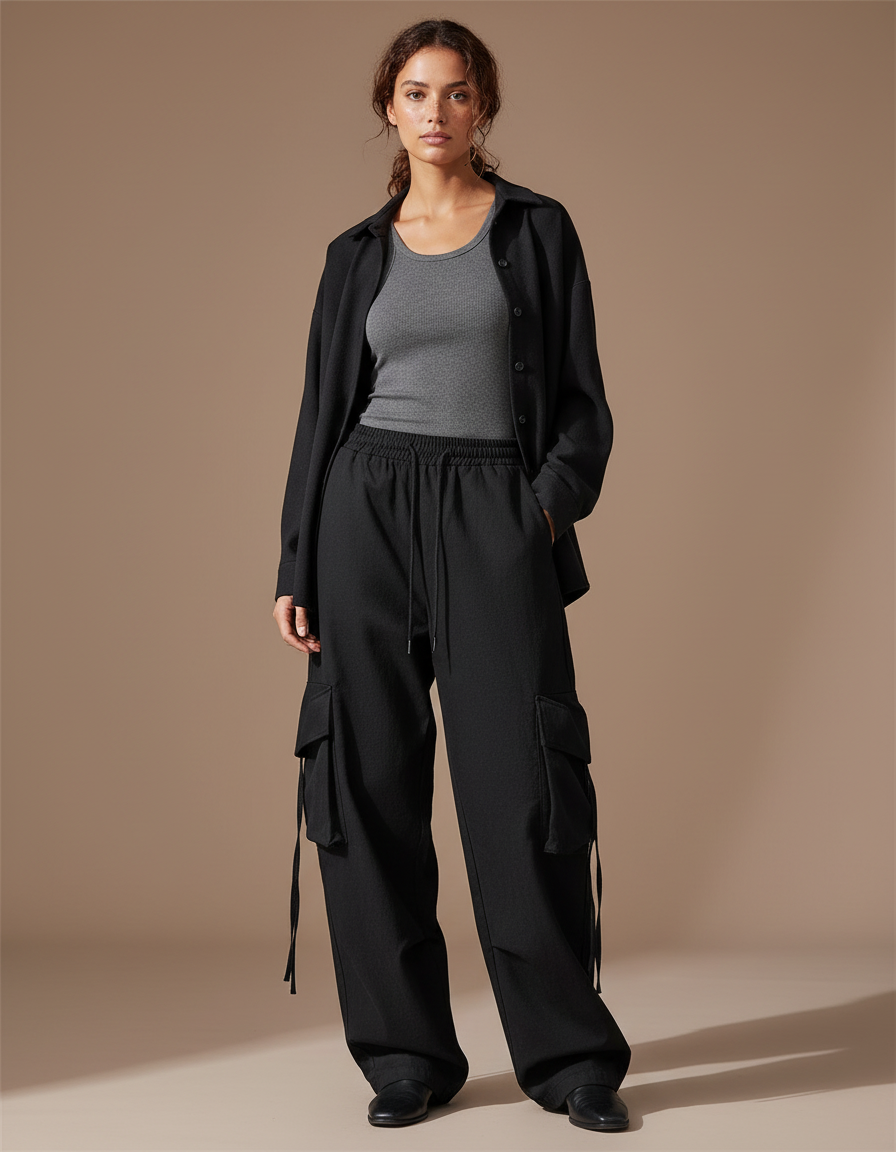 Pantalon Cargo Noir Ample Fluide Poches - Polyester