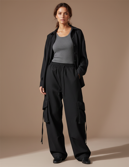 Pantalon Cargo Noir Ample Fluide Poches - Polyester