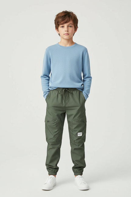 Pantalon Cargo Vert Olive Ample Multipoches Enfant - Kaki Polyester